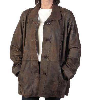 Ladies 3/4 Brown Buff Leather Jacket With Inlaid Detail - SL13416