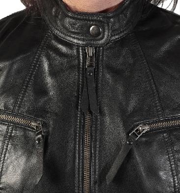 SL10011757 - Ladies Black Leather Hip Length Biker Jacket