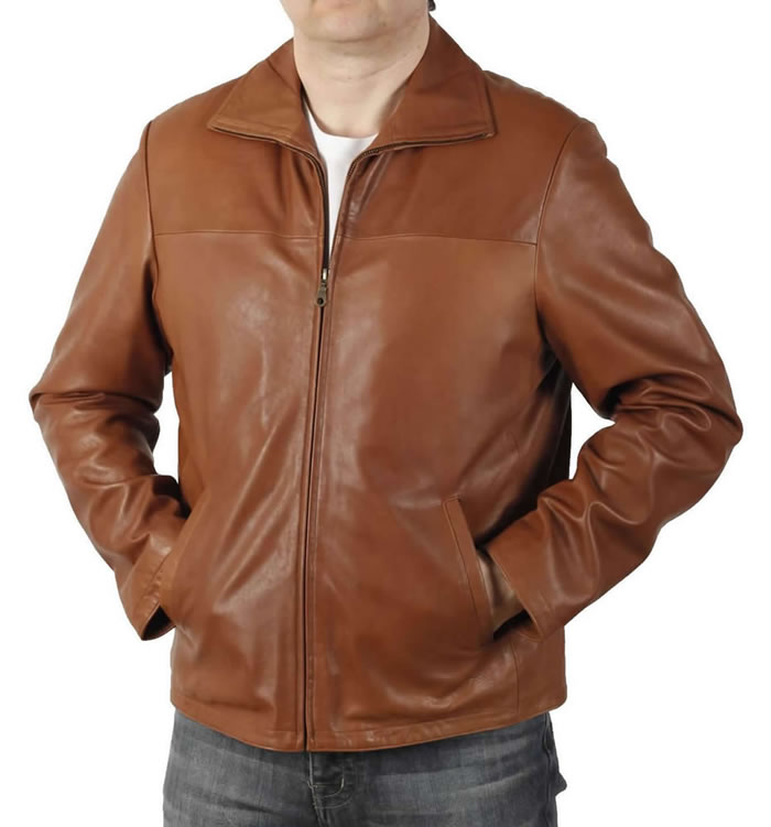 Zip Through Collar Tan Leather Jacket - SL1008