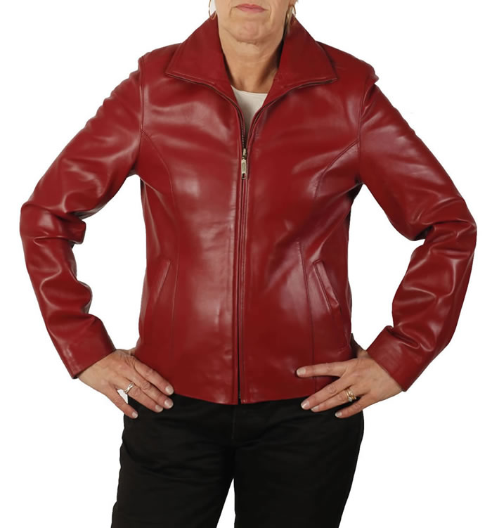 Ladies Semi-Fitted Red Leather Zip Jacket - SL1101