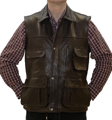Long Length Multi-Pocket Brown Leather Gilet - SL11531