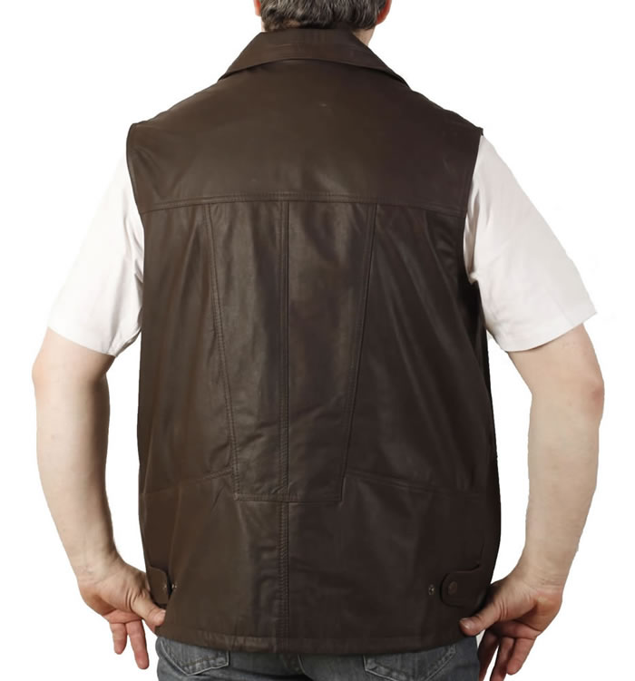 SL11531 - Long Length Multi-Pocket Brown Leather Gilet