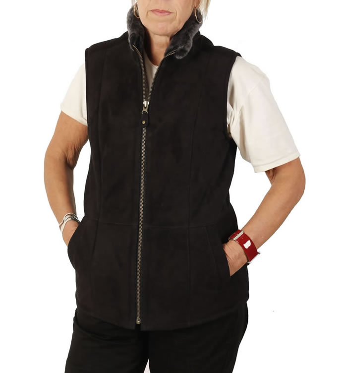 Traditional Suede Finish Ladies Sheepskin Gillet In Black - SL1265SB