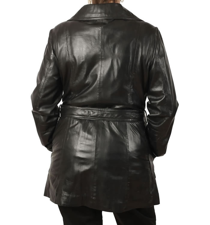 Ladies TieBelt 3/4 Black Leather Trench from Simons Leather